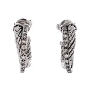 Pre-owned David Yurman Crossover Hoop Earrings Sterling Silver with Diamonds Small by Rebag