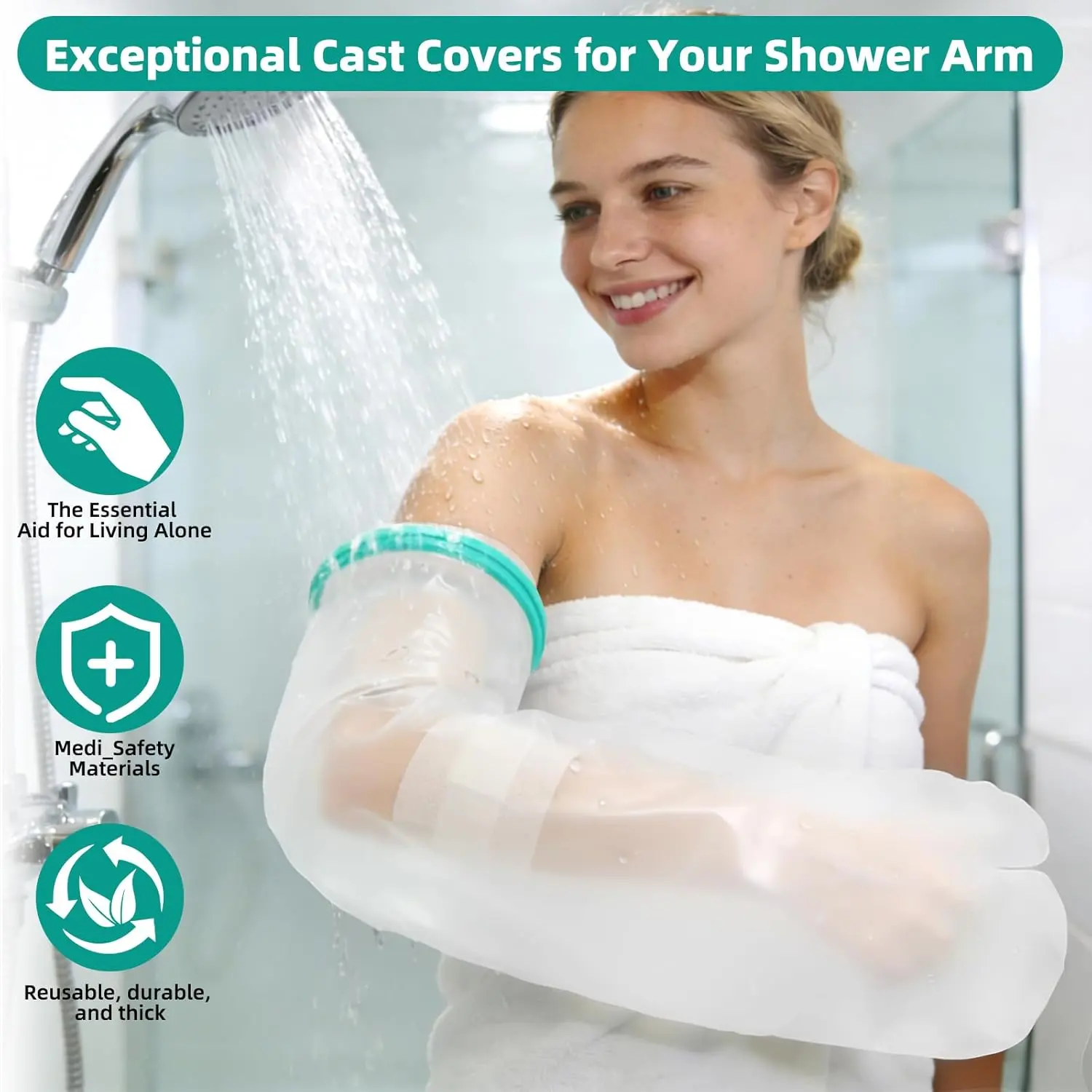 SUMMER VIBES HONYAO Waterproof Reusable Adult Arm Cast Shower Cover - 1-Handed Application, Splash Guard for Bandages & Wound Care Home Supplies Neoprene Healthcare Protection