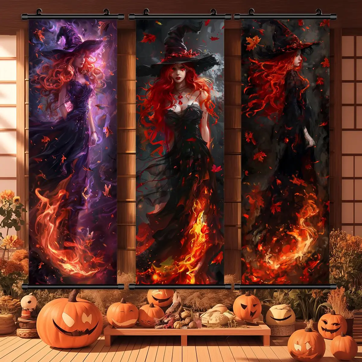 Halloween Hanging Decorative Banner, 3 Counts/set Witch Pattern Wall Art, Wall Decor for Home Living Room Bedroom, Halloween Decorations, Gift for Friend, Halloween Gift