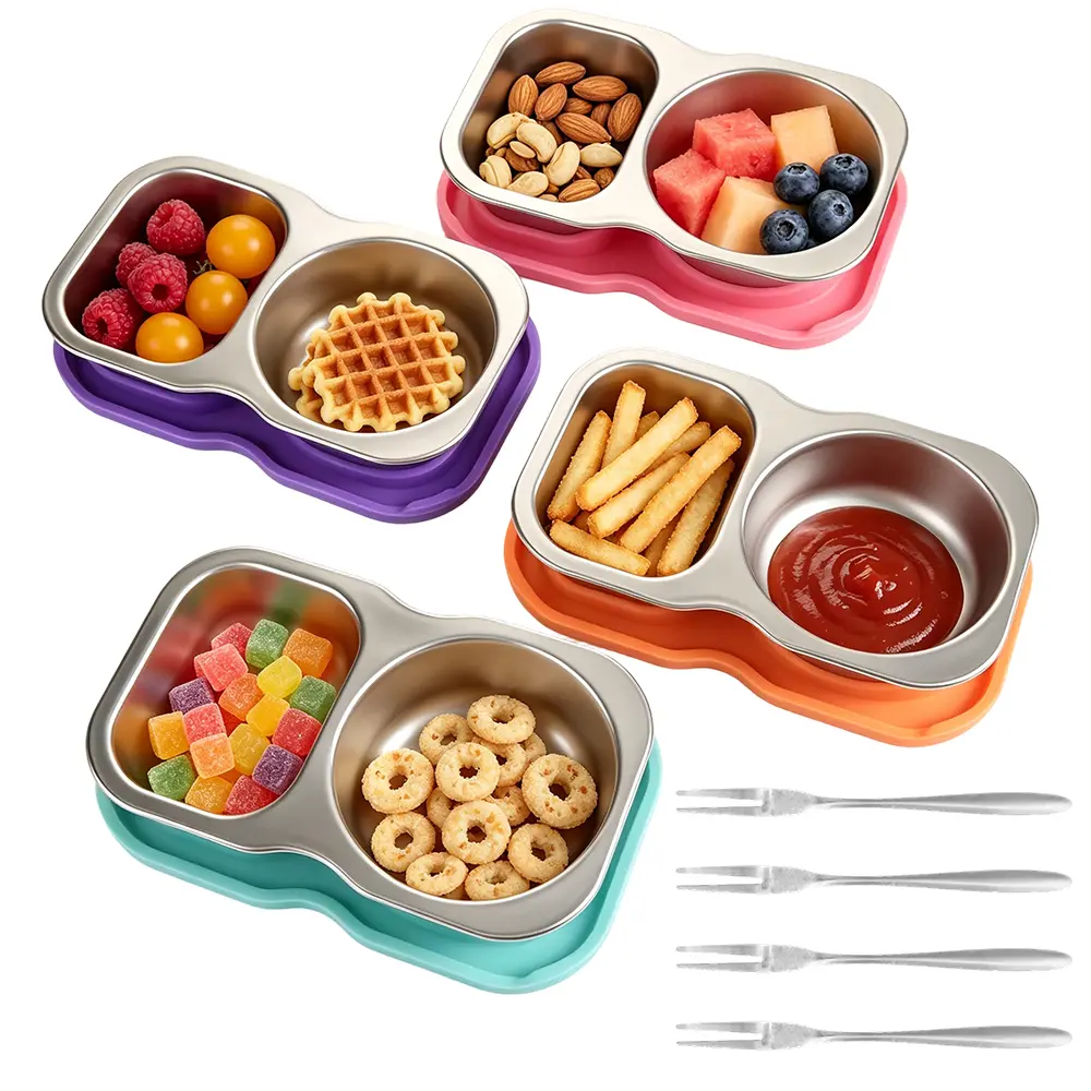 4-Piece 5.3oz Stainless Steel Double-Compartment Snack Lunch Box Set with Leak-Proof Silicone Lids, 4 Fruit Skewers, Separates Dry/Wet Food/Sauce, Corrosion-Resistant, Easy-to-Clean for Kids, Outdoor Picnics, Lunch Boxes