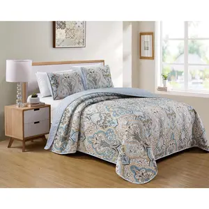 Home Linen Bedspread Set Damask Pattern Light Blue White Beige and Brown New (Full/Queen)