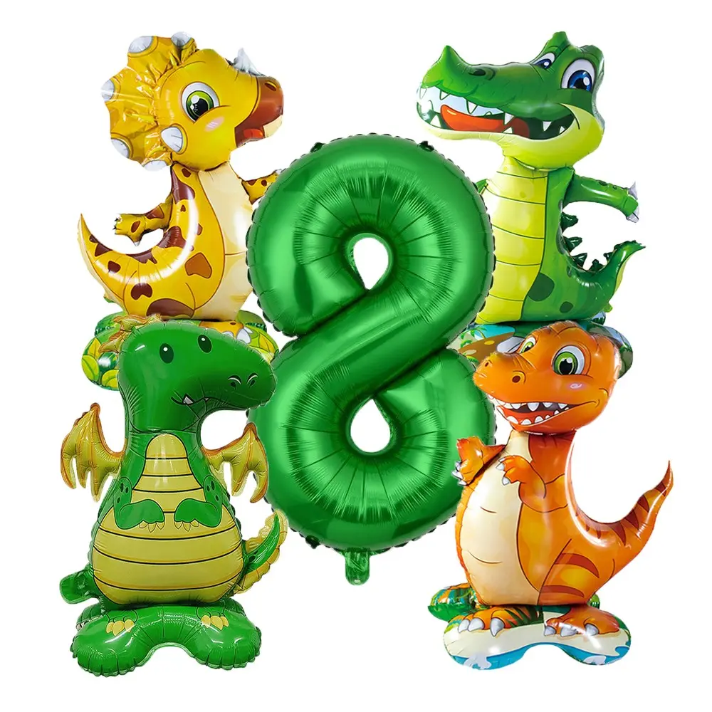 6 Piece Jungle Party Cartoon Standing Dinosaur Alligator Decor, Number Aluminum Foil Animal Balloons, Suitable for birthday parties, anniversaries, dinosaur-themed parks, playground decorations, Children's Day (June 1st), kindergarten activities