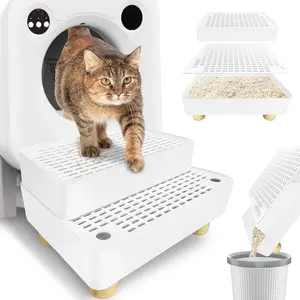 Cat litter box ramp, double-layer cat litter box ramp with wooden base, cat litter collector, height adjustable, suitable for small and older cats, white