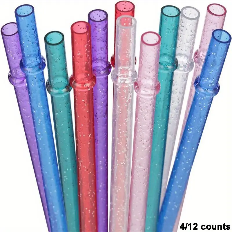Reusable Colorful PP Plastic Straw with Ring, Flashy Powder Straw for Drinks, Durable Straight Tube, Random Colors, 4/12 Pack