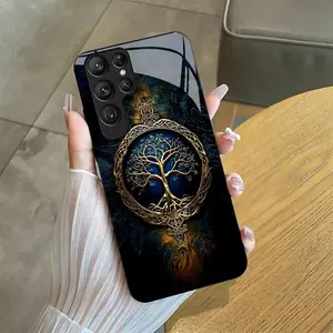 Suitable for [Galaxy S24 Ultra] high-end phone case🤩， high-end patterns，blue and gold tree of life pattern new black phone，drop-resistant and fingerprint-proof YM99