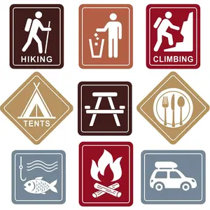 9 Pcs Camping Themed Party Decorations, 10-11.8 Inch Laminated Camping Sign Cutouts, Picnic Theme Party Signs, Climbing Fishing Tents Campfire Trash Car Paper Cutouts with 40 Glue Point Dots