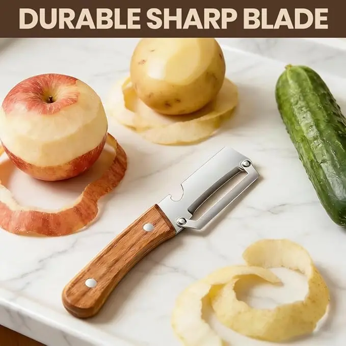 Two-in-one multi-functional vegetable peeler, stainless steel blade, wooden handle, with bottle opener, kitchen tool, suitable for peeling fruits and vegetables such as pumpkins, papayas, zucchinis, potatoes, carrots, etc.