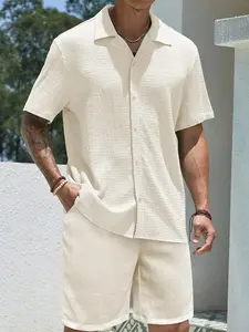 Men's Solid Short Sleeve Shirt & Shorts Two-Piece Set, Regular Fit Casual Button Down Collared Top & Shorts for Summer, Men's Two-Piece Outfits for Beach Vacation, Menswear