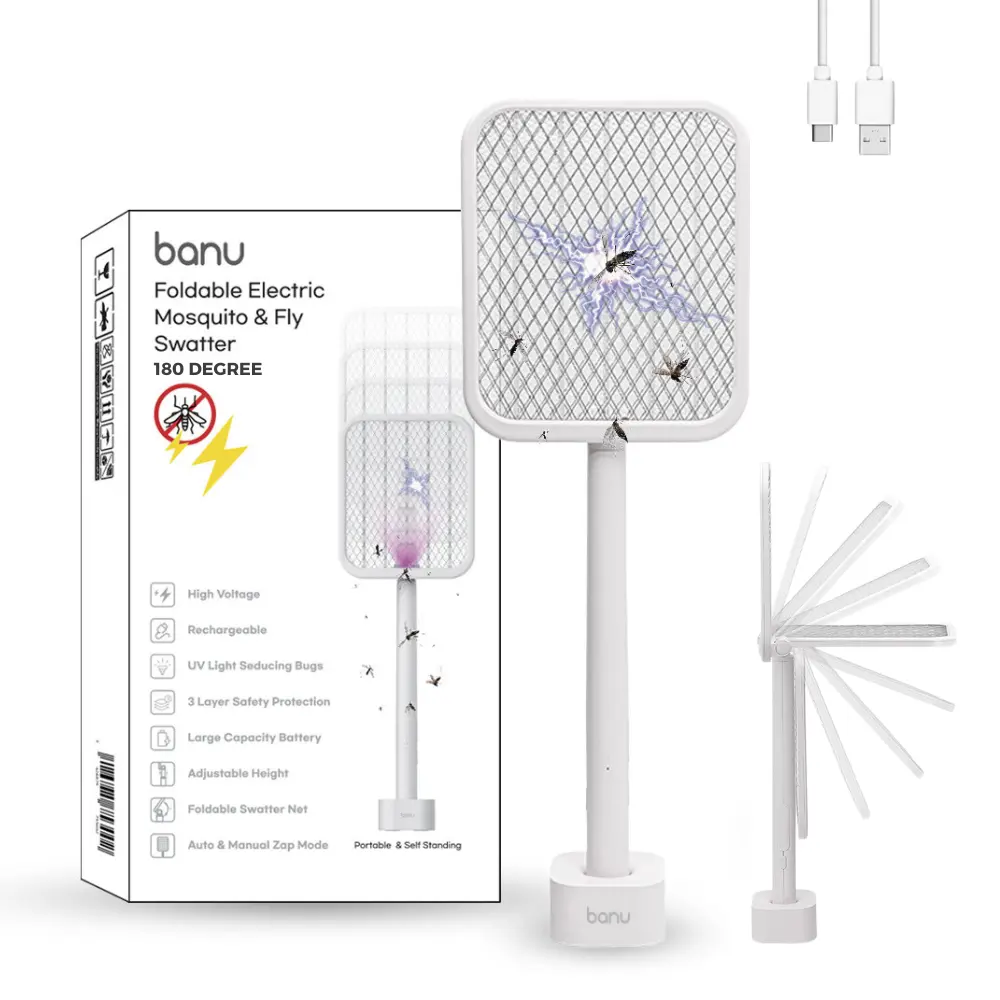 Banu Electric Fly Swatter Bug Zapper Racket, 180-Degree Folding, Adjustable 2-in-1 Mosquito Killer Lamp, Rechargeable 1200mAh Battery, 3-Layer Safety Mesh, Suitable for Indoor and Outdoor Use