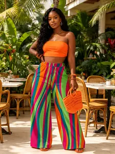 Summer New Rainbow Stripe Print Knitted Wide Leg Pants, High Waist Loose Fit Casual Long Trousers, Boho Vacation Style Lazy Women's Pants