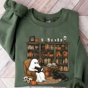 Retro Ghost Reading Books Sweatshirt, Librarian Ghost Halloween, Halloween Teacher Sweatshirt, Halloween Shirt, Teacher Gift, Boo School 060