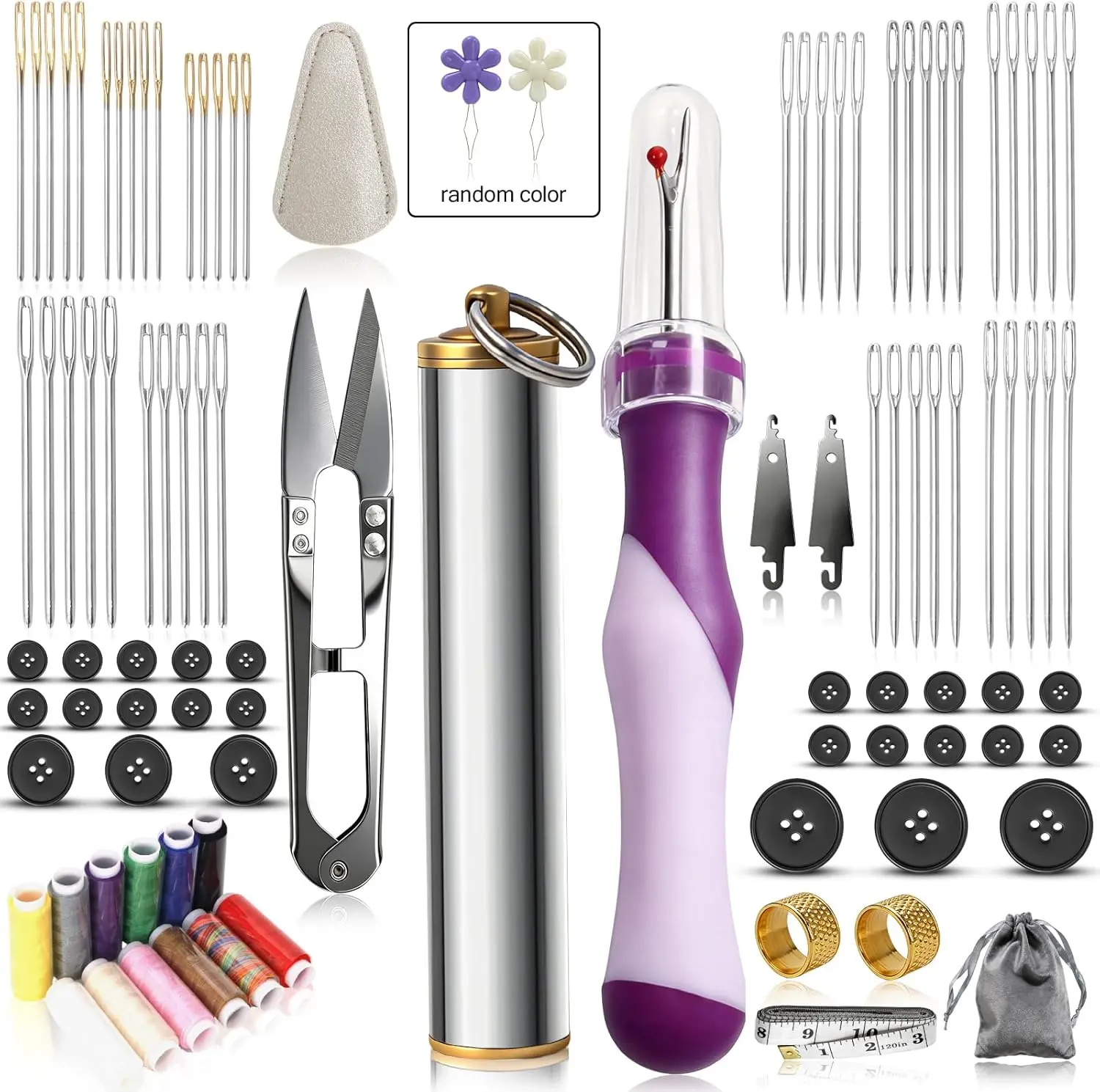 zrsdto 100Pcs Big Eye Steel Sewing Needles Kit, Stainless Steel for Hand Sewing with Seam Ripper, Needle Threaders, Shatterproof Steel Case, Buttons, Ruler for Beginner Traveler Repair DIY
