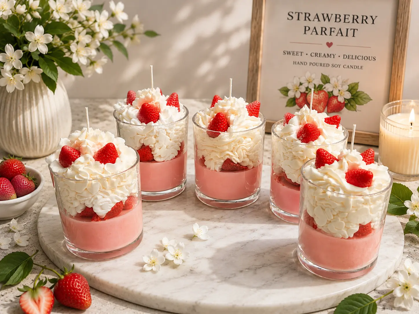 Strawberries and cream dessert candle
