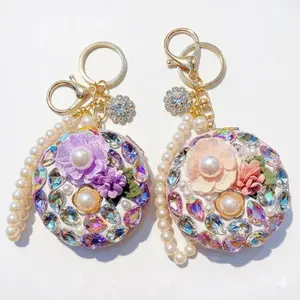 Bling Crystal Compact Mirror Keychain, 2-in-1 Floral Rhinestone Bag Charm, Portable Makeup Mirror for Purse, Aesthetic Party Favor Gift for Her, 1PC