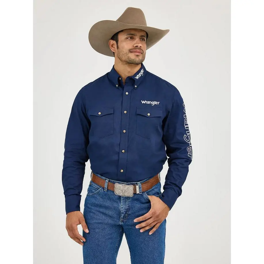 Wrangler Mens Logo Long Sleeve Button Down Solid Shirt - Navy
