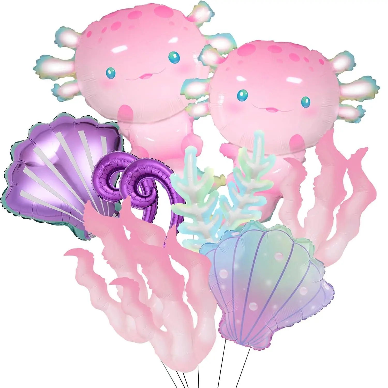 11Pcs Pink Axolotl Balloons,Seashell Coral Seaweed Balloon For Axolotl Birthday Party Decoration/Under The Sea,Mermaid Party Decor,Axolotl Graduation,Pixel Game Axolotl Party Decor