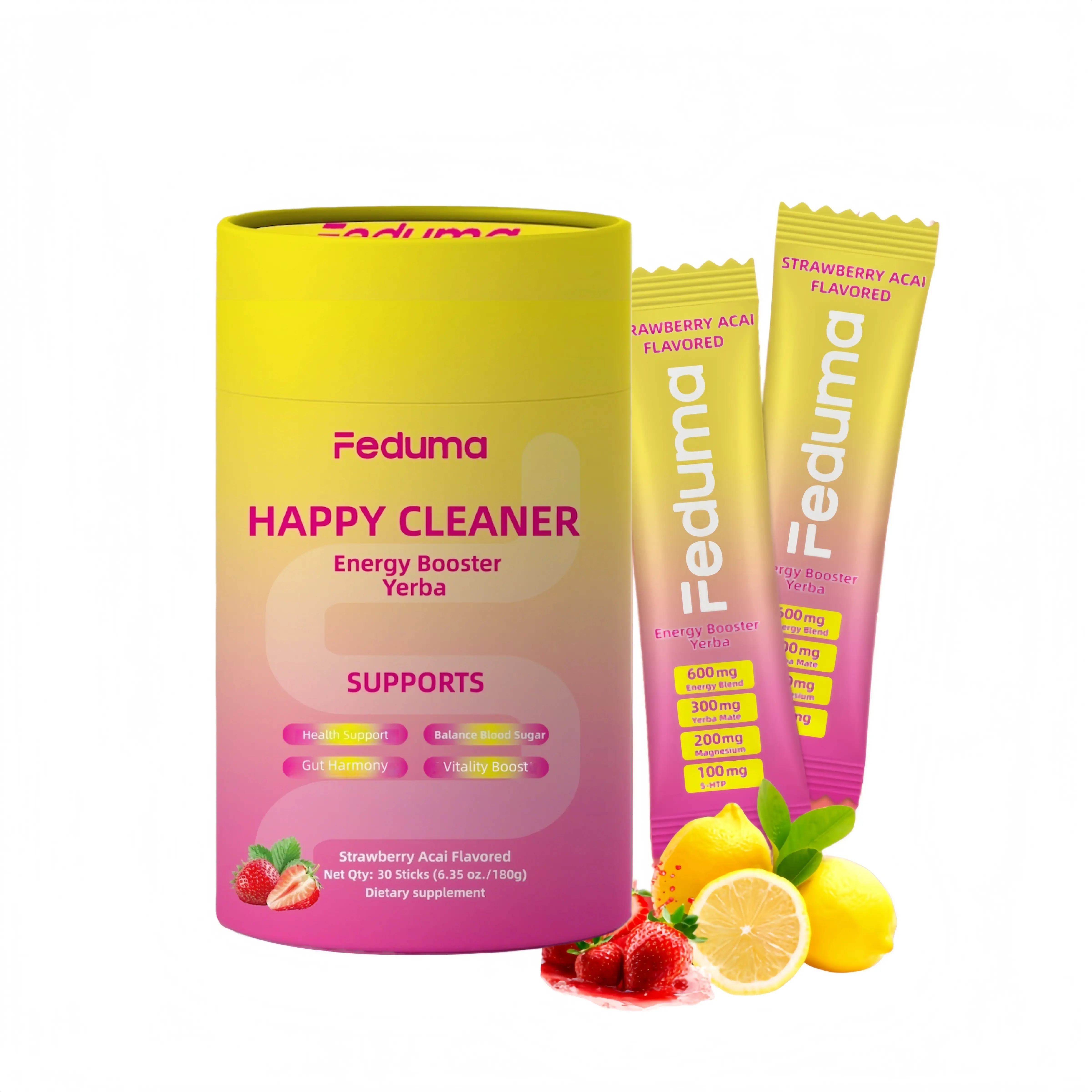 Feduma Happy Cleaner Drink Mix Strawberry Flavor Natural Berberine Chromium 5-HTP, Yerba Mate,Magnesium,Powder Beverage 【30 Sticks】