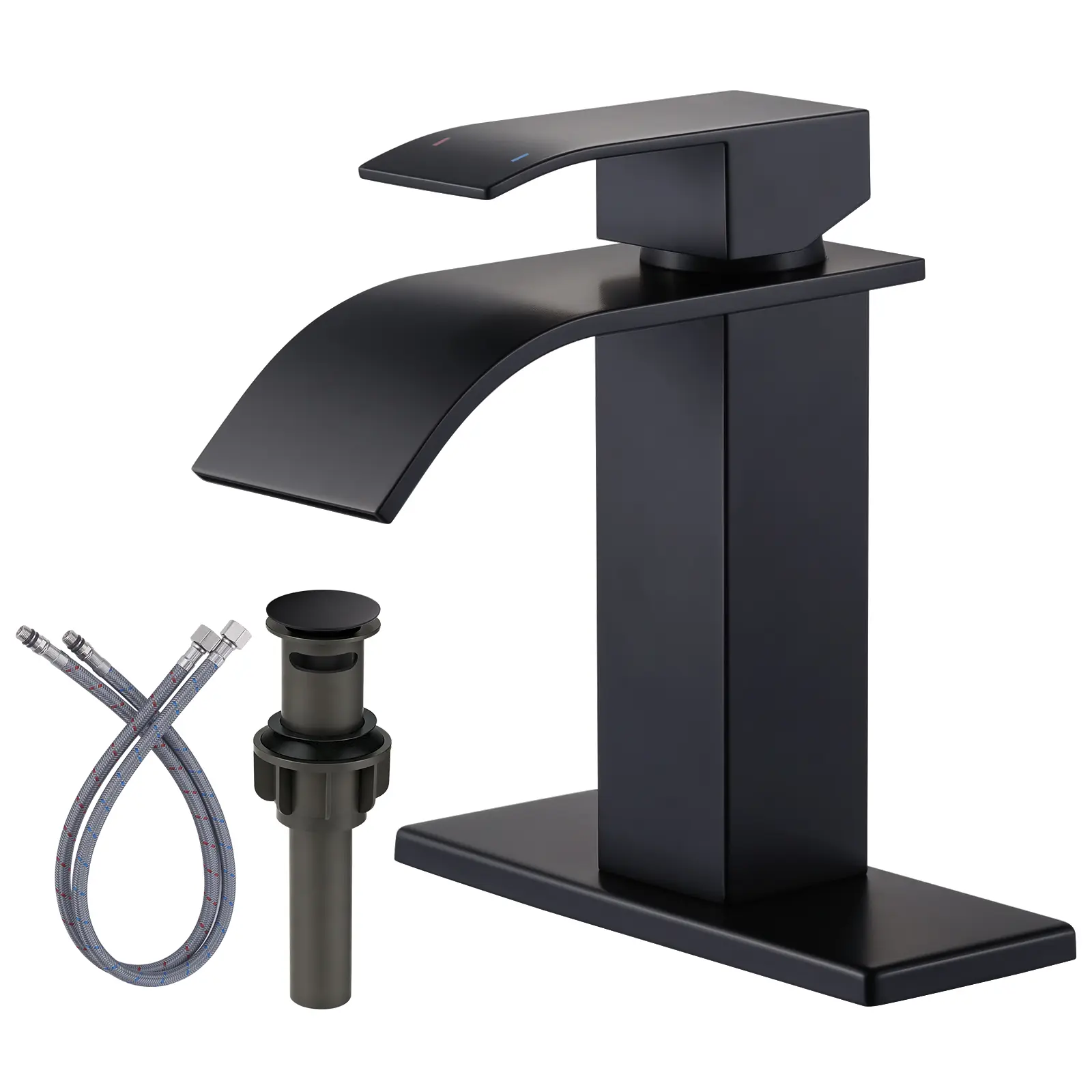 WOWOW Black Stainless Steel Laminar Flow Bathroom Faucet, Waterfall Spout Single Handle Mixer Tap, Lavatory Vanity Faucet with Deck Plate and Lift-Up Drain, Fits 1 or 3 Holes, Laminar Flow Faucet, Stainless Steel Faucet