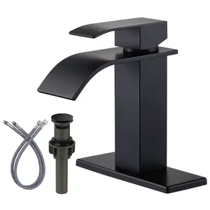 WOWOW Black Stainless Steel Laminar Flow Bathroom Faucet, Waterfall Spout Single Handle Mixer Tap, Lavatory Vanity Faucet with Deck Plate and Lift-Up Drain, Fits 1 or 3 Holes, Laminar Flow Faucet, Stainless Steel Faucet