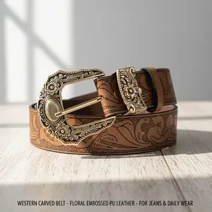 Unisex Western Carved Buckle PU Belt - Retro Floral Embossed Solid Color Western Accessories, Classic Jeans Accessory for Daily & Party Wear