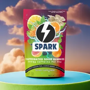 Spark Caffeinated Sour Gummies - 5 Bags, 200mg Caffeine, Lemon Raspberry Orange Flavor, Green Tea, Lion's Mane & Maca Root, Vegan Gluten-Free Snack