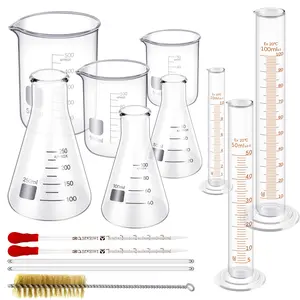 Glass Beaker Set 50/100/250/500 ml, Glass Flask 50/100/150/250 ml, Graduated Cylinder 10/25/50/100ml, 1 Brush, 2 Droppers, and 4 Stirring Rods