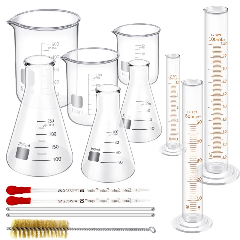 Glass Beaker Set 50/100/250/500 ml, Glass Flask 50/100/150/250 ml, Graduated Cylinder 10/25/50/100ml, 1 Brush, 2 Droppers, and 4 Stirring Rods