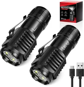 Rechargeable Mini Flashlights with  Base, 2 Pack Bright 3 LED Flash Lights, Small EDC Flashlight with Belt Clip, 4 Lighting Modes Portable Rechargeable Flashlights for Camping