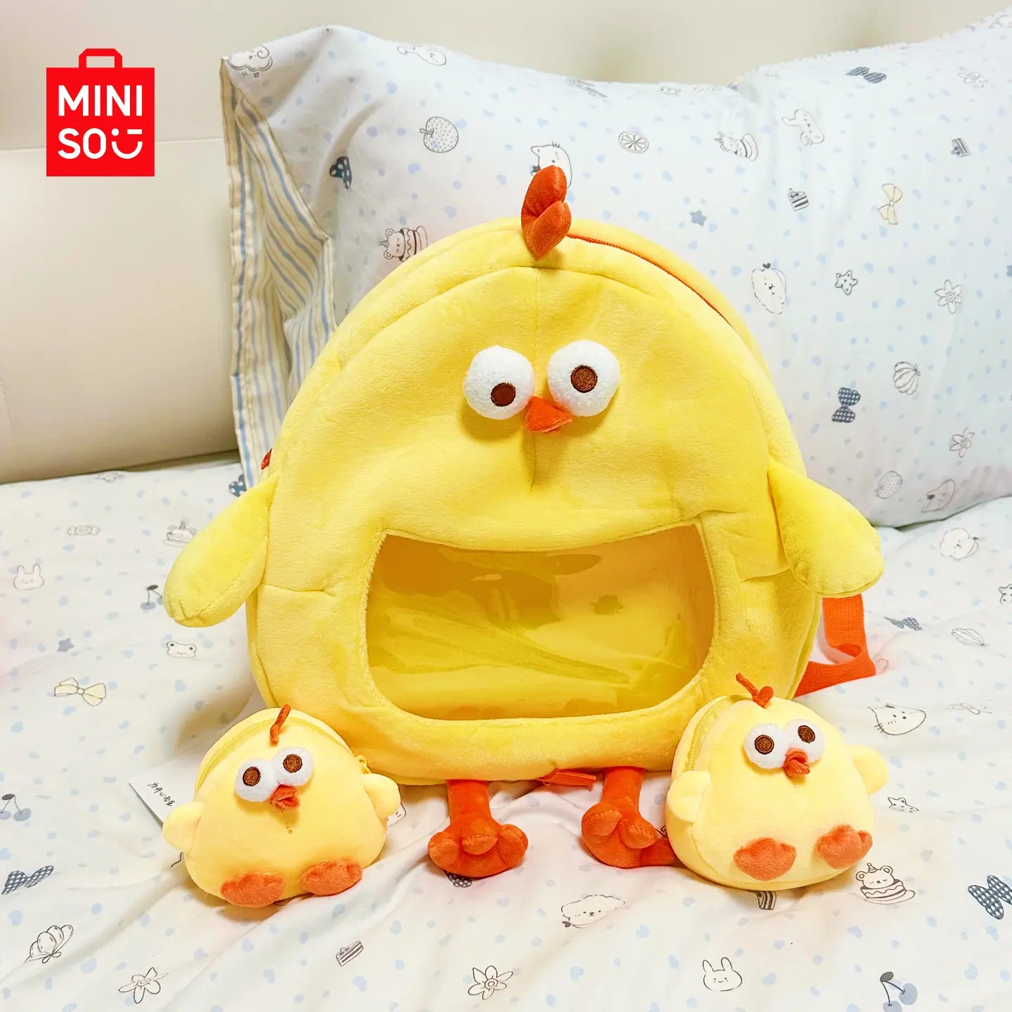 MINISO Dundun Chicken Plush Ita Bag & Earbud Case | Cute Kawaii Crossbody Display Bag for Pins, Earbuds, Coins & Everyday Essentials