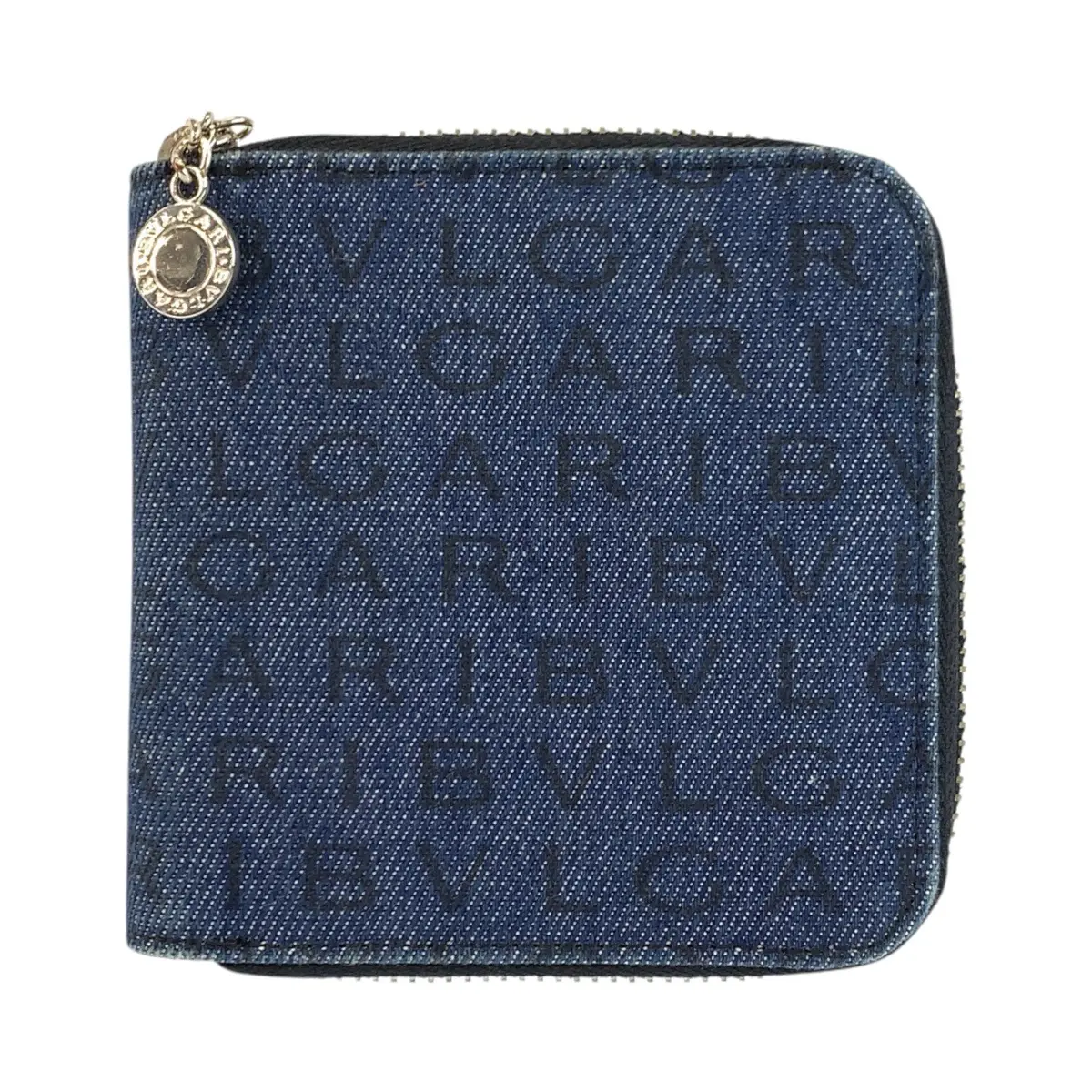 Pre-owned Bvlgari Denim Small Leather Goods Logo Mania Leather Compact Wallet