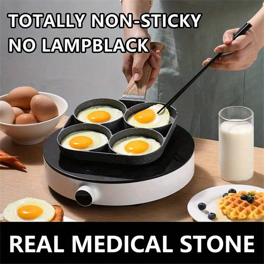 1pc Premium Non-Stick Egg & Hamburger Pan,4 Holes Divided Grill Frying Pan, - Durable, Induction Ready With Wooden Handle - Perfect For Effortless Cooking Of Eggs, Burgers, Pancakes And More!