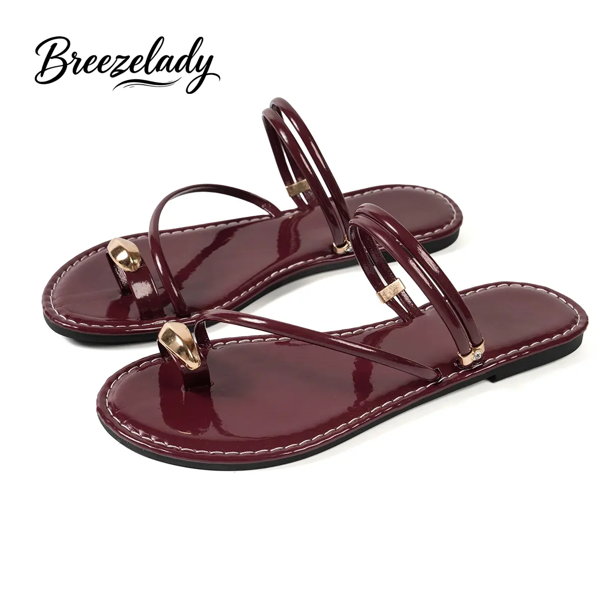 Women's Minimalist Gold Metallic Slides, Faux Leather Toe Ring Flat Sandals with Convertible Ankle Strap for Summer Beach Casual Wear, Sandals For Summer, Slip On, Plain, Reflective, Basic, Breathable, White Dresses Women, Beach Girl Aesthetic, Double Str