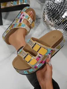 Women's Bohemian Style Rhinestone Decorated Sandals, Colorful Braided Cork Sole Open Toe Slippers, Summer Beach Shoes for Vacation
