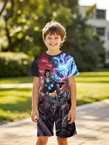 Boys' Fashion Clothes Kids Outdoor Sports Summer Blue Colorblock Cool Character Print Short Sleeve Shorts Set, Casual All over Print