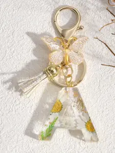 Women's Elegant Keychain Pendant, Resin Letter Charm Accessory, Daisy Petal Design, Dry Flower Jewelry Gift for Women & Girls, Bag Pendant Keychain