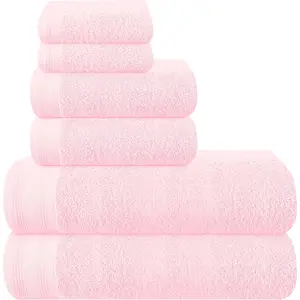 6 Pack Cotton Towel Set - 2 Bath Towels 28x55 in, 2 Hand Towels 16x24 in, 2 Washcloths 12x12 in - Perfect for Everyday Use, Compact & Lightweight, Pink