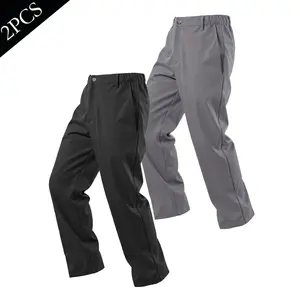 Men’s 2-Pack Plain Polyester Lightweight Stretch Casual Dress Pants, Elastic Waist, Straight Leg, Commuter Long Pants