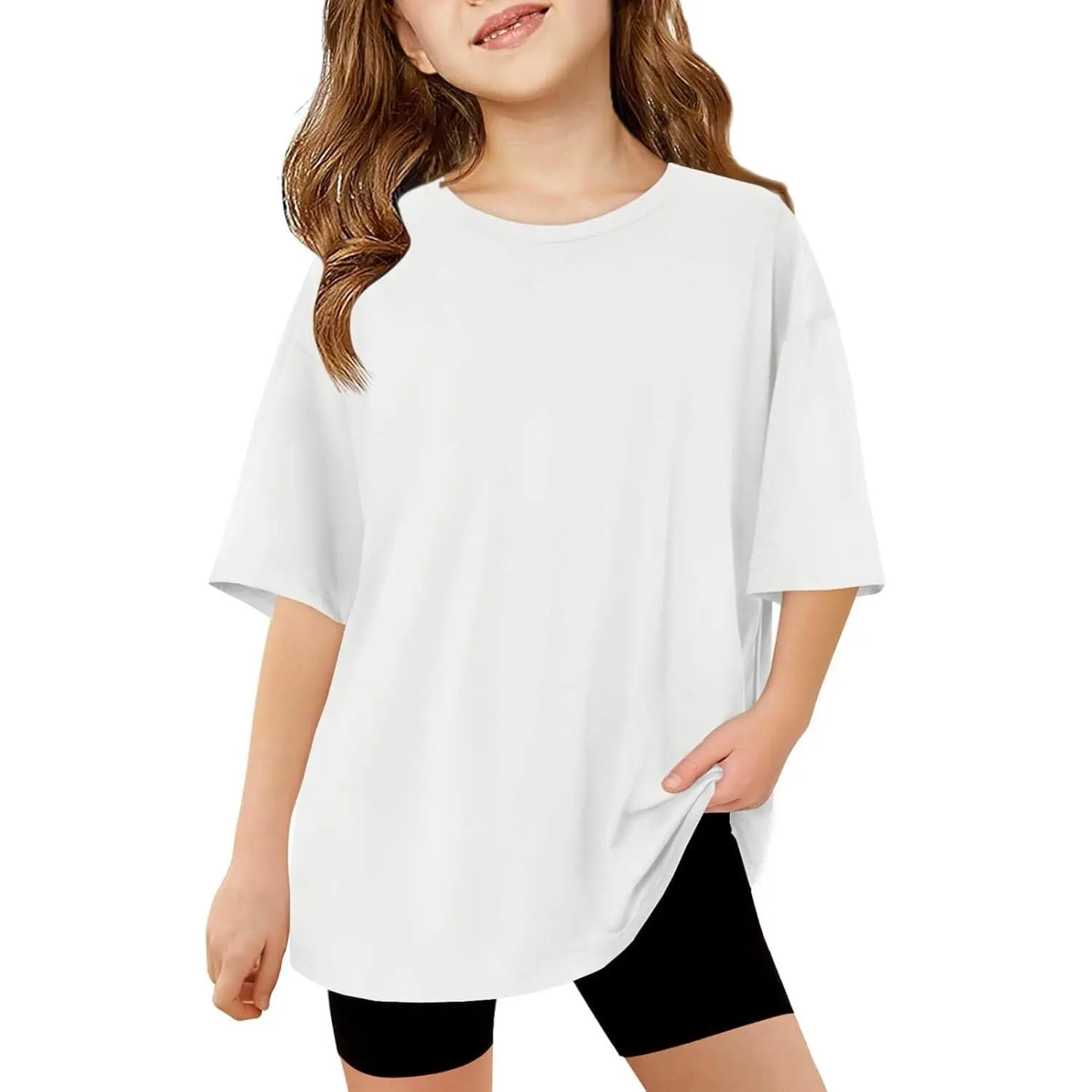 Haloumoning Shirts for Girls, Kids Oversized Soft Cotton Crew Neck Tshirt, Casual Summer Short Sleeve Basic Top, Ages 5-14, For The Girls