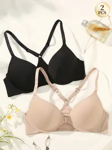 2PCS Seamless Underwire Push-Up Bra,Front Buckle Deep V Add cup Comfortable, Breathable, Fit, Anti‑sagging Adjustable Straps, Medium, for Daily Wear Backless Dates