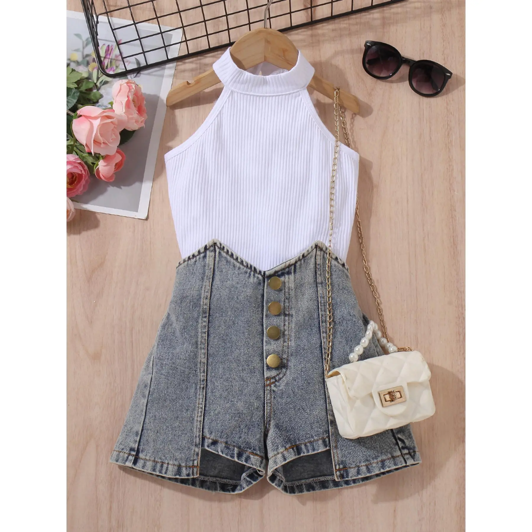 Toddler Girls' 2-Piece Clothing Set - Casual Solid Color Tank Top and Faux Shorts with Matching Bag, Lightweight Outfit for Summer Outdoor Play, Polyester, Sporty Chic, Tank Top Set, Spaghetti Straps, Basic, Athletic, Elastic Waist, Loose-Fitting, Adjusta