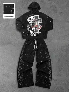 Men's Hooded Sweatshirt with Jesus Prayer Print, Pearl Cross Rhinestone Decor, Full Body Sparkle, Gothic Pattern, Casual Fall & Winter