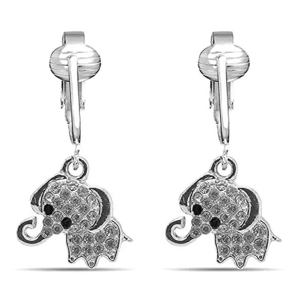 Rhinestone Elephants Clip On Dangling Earrings