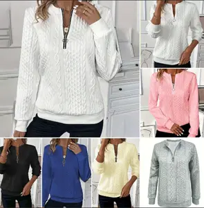 VVZ Women's Plain Textured Half Zip Up Sweatshirt, Casual Long Sleeve Round Neck Pullover for Fall & Winter, Ladies Clothes for Daily Wear