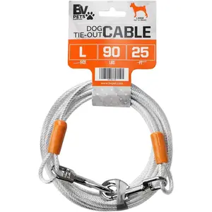 BV Dog Tie Out Cable 25 Feet - Heavy Duty Dog Lead up to 90 Pounds - Reflective & Rust-Free with Quick Release Swivel Clips & 360° Rotating Clasp - Tangle-Free Dogs Runner for Yard (Silver, Single)