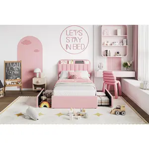 Garvee Twin Size Upholstered Bed Frame – 2 Flexible Drawers, Boucle Fabric, Bookcase Headboard, Easy Assembly, No Box Spring Needed, Noise Free, for Kids