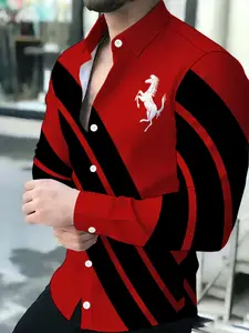 Red & Black Twill White Horse Printed Men's Sports Shirt