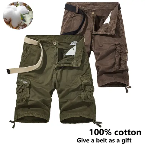 Men’s 100% Cotton Beige Baggy Cargo Jorts Shorts (2-Pack, Free Belt Gift) - Mid Waist, Multi-Pocket, Button-Closure, Sweat-Wicking, Wrinkle-Resistant, Non-Deforming, Plain, Knee-Length Casual Summer Essential Menswear