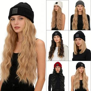 Snoilite Women's Knitted Hat Wig All-in-One Autumn Winter Fashion Curl /Straight Hair Warm Full Head Cover Heat-Resistant Synthetic Fiber 11/18inch Length