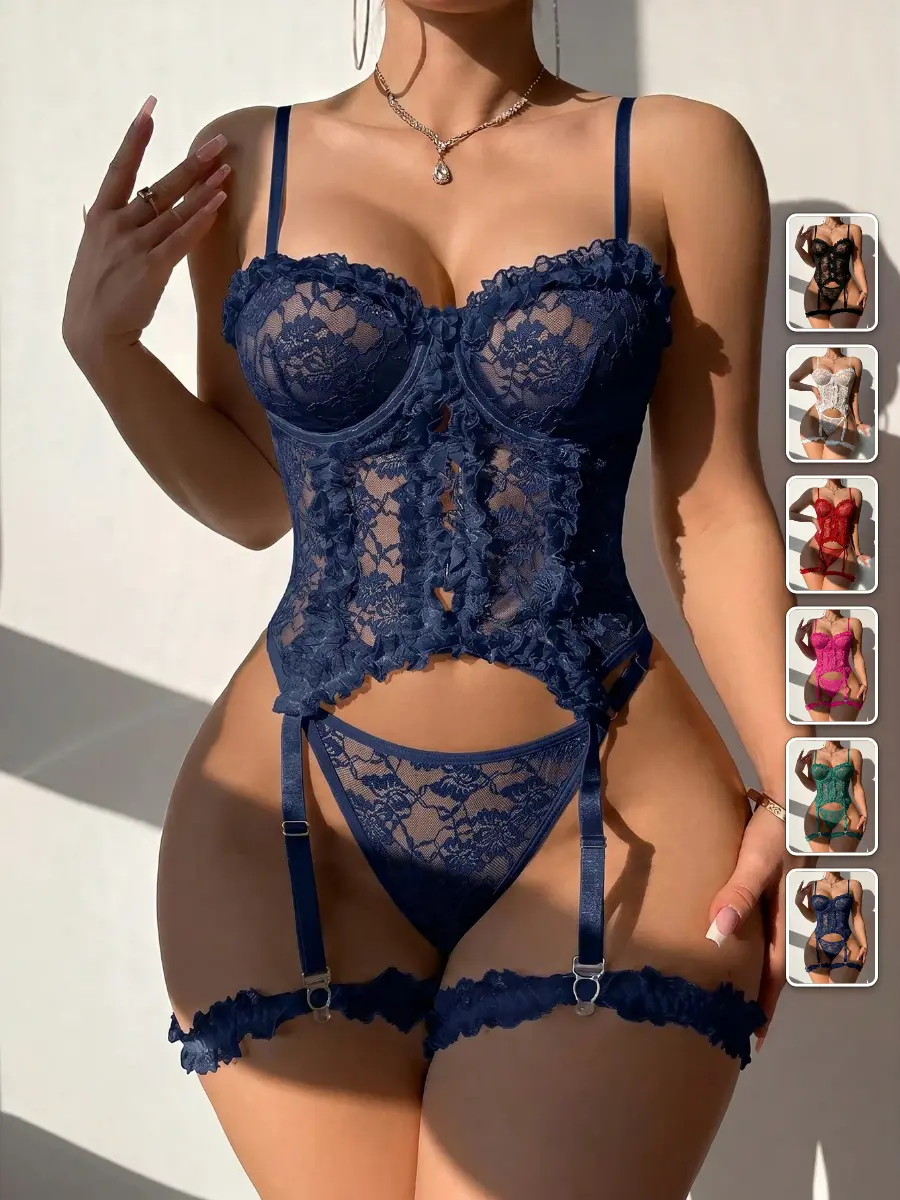 3 Piece Lace Lingerie Set Sexy Romantic Lace Trim Bralette Panty Garter Wedding Night Honeymoon