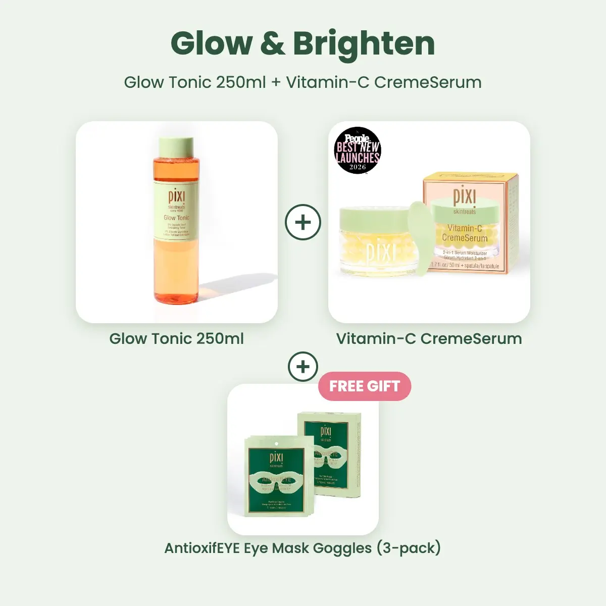 Pixi Glow & Brighten Set - Glow Tonic 250ml & Vitamin-C CremeSerum, with FREE AntioxifEYE Eye Mask Goggles
